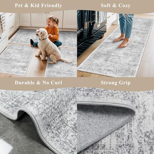 Washable Non-Slip 3 Piece Kitchen Rugs Set – Modern Boho Low-Pile Area Rugs and Runner for Entryway Bathroom Hallway – Decorative Small Indoor Rugs (Grey Ivory, 2x3+2x4+2x5) - Image 5
