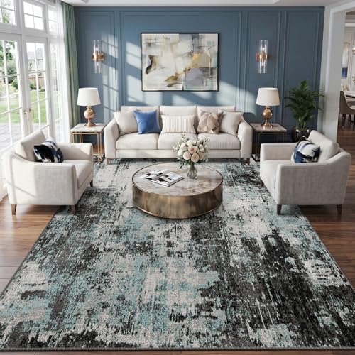 RELEANY Washable 9'x12' Abstract Area Rug for Living Room Teal Black by RELEANY