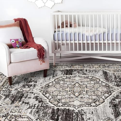 Washable Rugs 9x12 Area Rug：Large Rugs for Living Room - Oriential Distressed Printed Floral Carpet - Non Slip with Rubber Backing Area Rug 9'x12' Black - Image 2
