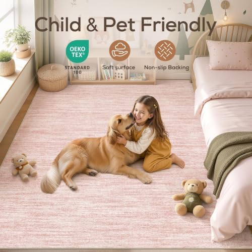 Nakagishi 10X12 Area Rugs Living Room: Washable Large Vintage Rug Neutral Non-Slip Soft Stain Resistant Indoor Carpet for Bedroom Nursery Dining Room Office Playroom - Pink - Image 4