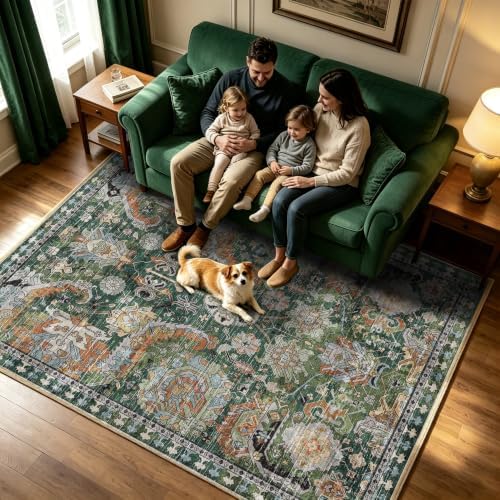RUGSURE Washable Area Rugs - Perfect for Living Room, Bedroom, Kids Room, Nursery - Stain & Water Resistant Non-Slip, Pet & Child Friendly, Vintage Tribal Area Rugs (Green, 6' x 9') - Image 3