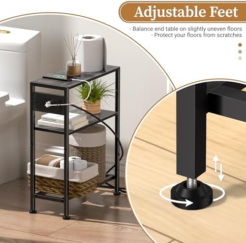 Small Narrow Side Table with Charging Station, Skinny End Table for Small Spaces, Slim Nightstand with Outlets, Sofa Bedside Table in Living Room, Bedroom, Study, Kitchen and Balcony(Grey) - Image 5