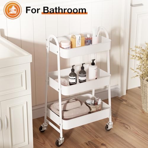 NEWBULIG 3-Tier Metal Rolling Cart with Lockable Wheels, Heavy Duty Mobile Utility Storage Shelf, Roller Book Snack Cart, Organization for Livingroom, Bathroom, Office, White - Image 5