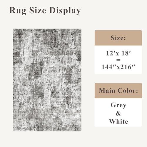 12x18 ft Extra Large Living Room Rug – Washable Modern Abstract Neutral Oversize Rugs for Bedroom,Dining Room,Family Room – Non-Slip Low-Pile Thin Stain-Resistant Carpet (Grey) - Image 2