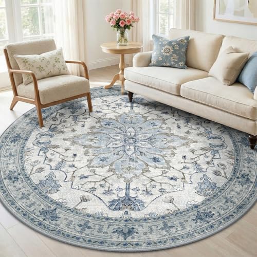 RELEANY Washable Area Rug, Round 6ft, Blue/White/Gray by RELEANY