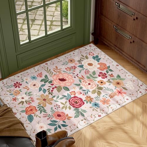 DUKINO 2x3 Entryway Rug, Floral Door Mat Soft Washable Rug Non Slip, Beige - Image 3
