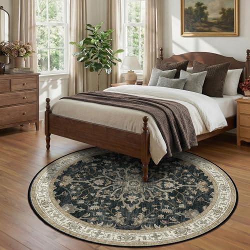 RELEANY Washable Area Rug, Round 7ft, Black/Vintage/Beige - Image 2