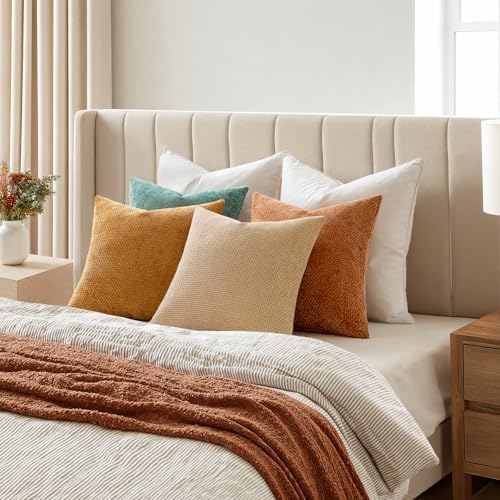 MIULEE Soft Decorative Chenille Fall Pillow Covers Beige Orange Teal 18x18 - Image 4