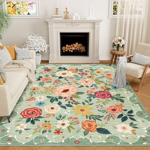 DUKINO 8x10 Area Rugs, Floral Washable Living Room Rug Non Slip, Green by DUKINO