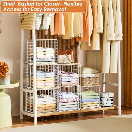 Hencawima 5PCS Stackable Closet Organizers and Storage, Closet Shelves with Wood Top Extra Storage, Clothes Storage Organizer Basket Bin/Cube for Home Wardrobe Organization(White-Sturdy Metal) - Image 7