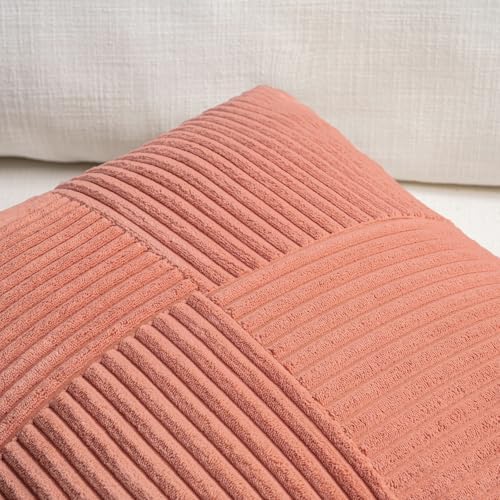 Fancy Homi 2 Packs Coral Samll Decorative Throw Pillow Covers 12x12 Inch with for Couch Bed Sofa, Rustic Farmhouse Boho Home Decor, Soft Corss Patchwork Corduroy Square Peach Cushion Case 30x30 cm - Image 3