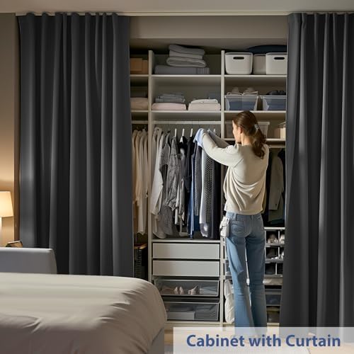 Room Divider Ceiling Mounted Curtains Track Sets Extra Wide Blackout Curtain Flexible Tracks for Bedroom Privacy Partition Separator, 1 Panel Black Drape and White Rail, W8.3 x H8ft - Image 3