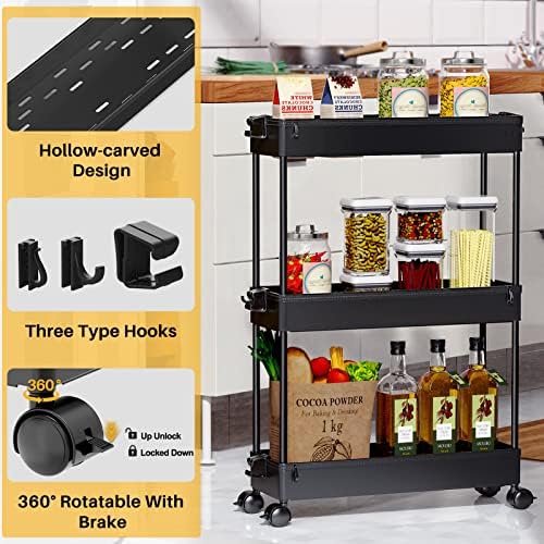 SPACEKEEPER Slim Rolling Storage Cart, 3 Tier Bathroom Storage Organizer Laundry Room Utility Cart Mobile Shelving Unit, Multi-Purpose for Kitchen Office Bathroom Laundry Narrow Places, Black - Image 4