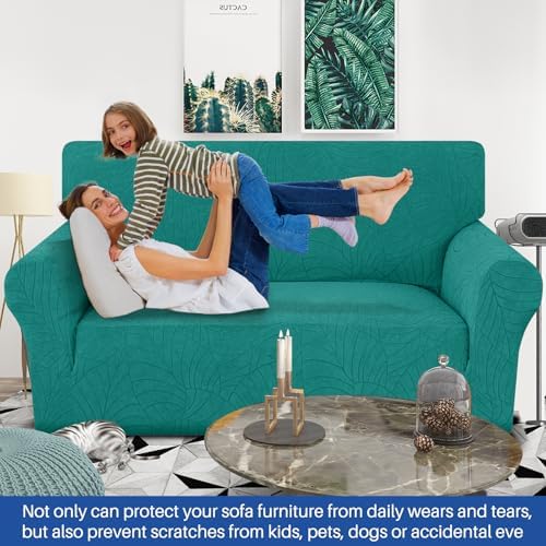 YEMYHOM Couch Cover Latest Jacquard Design High Stretch Sofa Covers for 2 Cushion Couch, Pet Dog Cat Proof Loveseat Slipcover Non Slip Elastic Furniture Protector (Medium, Begonia Leaf Blackish Green) - Image 2