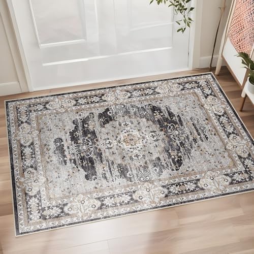 2x3 Washable Entryway Area Rug - Non-Slip Boho Throw Rugs Black Gray - Image 7