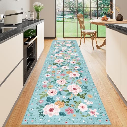 DUKINO 2x10 Runner Rug, Floral Washable Kitchen Runner Rug Non Slip, Teal - Image 5