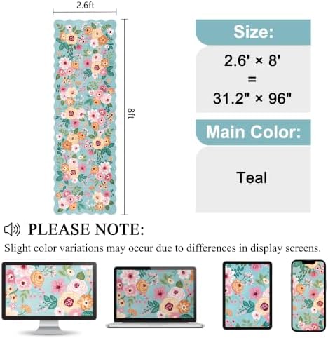 DUKINO 2.6x8 Runner Rug, Floral Washable Kitchen Rugs Non Slip, Teal - Image 2