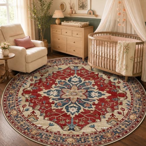 RELEANY Washable Area Rug, Round 5ft, Red/Blue by RELEANY