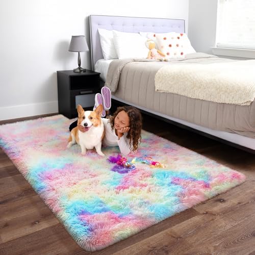 Ophanie Rainbow Rug for Bedroom Girls,Unicorn Colorful Fluffy Soft Cute Fuzzy Area Rugs,Shag Plush Shaggy Bedside Floor 4x6 Furry Carpet for Kids Baby Teen Dorm Decor with Over 99 pcs Pile fibers - Image 3