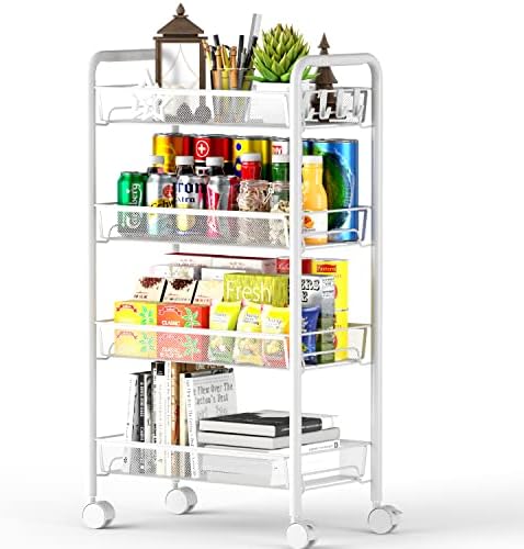 4-Tier Mesh Rolling Cart - 35 BLS/Tier Full Metal Cart with Wheel & 4 Hooks by OVICAR