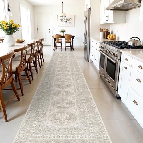 3x20 Runner Rug Washable Vintage: Non Slip Extra Long Hallway Runners Beige - Image 2