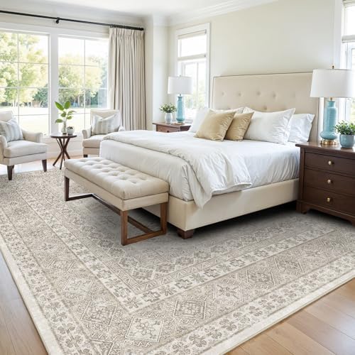 Ksrau 9x12 Area Rug Washable Vintage: Non Slip Living Room Large Rugs Beige - Image 2