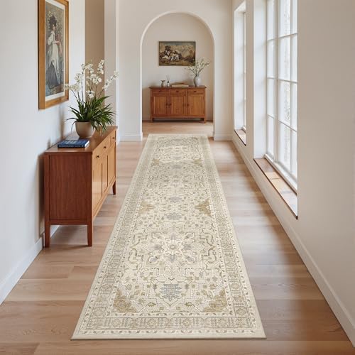 Madane Hallway Runner Rug 2x8 Washable Kitchen Rugs Non-Slip, Beige/Blue - Image 2