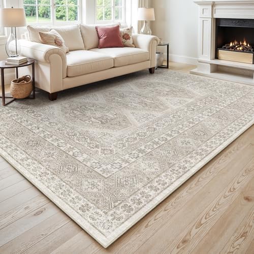 10x12 Area Rug Washable Vintage: Non Slip Living Room Large Rugs Beige by Ksrau