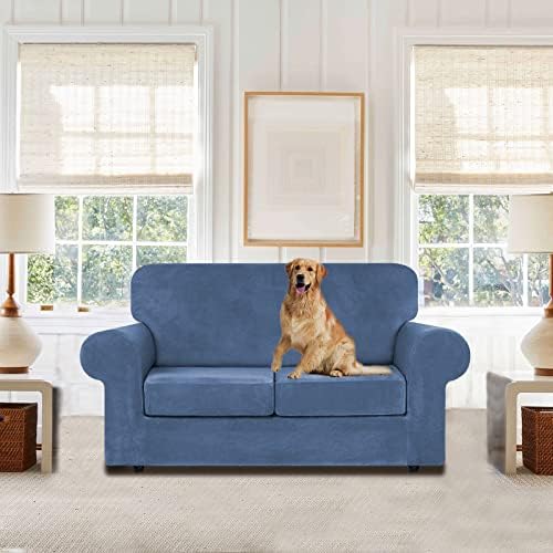 WEERRW Velvet Stretch 3 Pieces Couch Cover for Sofa Washable, Light Blue - Image 2