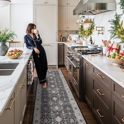 Hallway Washable Runner Rug - 3x10 Kitchen Rugs Entryway Rug Runner Vintage Soft Floor Mat Non Slip Indoor Farmhouse Carpet for Bathroom Living Room Bedroom (3 X 10, Black) - Image 2