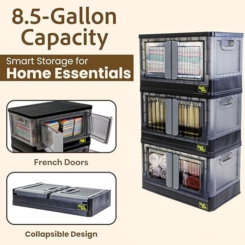 Quik Box - 8.5 Gallon 3-Pack Stackable Storage Bins with Doors & Wheels - Collapsible Organizer for Dorms, Bedroom & Home - Durable Polystyrene - Black - Image 4