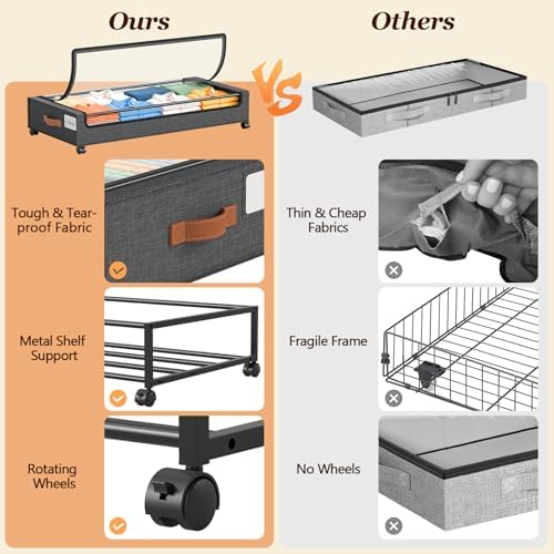 Yecaye 70L Under Bed Storage with Wheels, 2Pack Larger Capacity Under Bed Storage Containers, Underbed Shoe Storage Organizer, Rolling Under Bed Metal Drawers for Shoes, Clothes, Hemp Grey - Image 6
