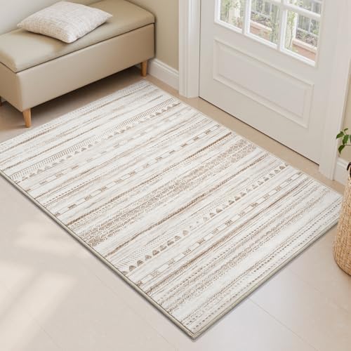 Small Area Rug-2x3 Entryway Rug Non Slip Washable Low Pile Indoor Door Mat Neutral Distressed Boho Moroccan Entrance Rugs Carpet for Bedroom Kitchen Powder Room Front Porch Bathroom, Brown by Tchdio
