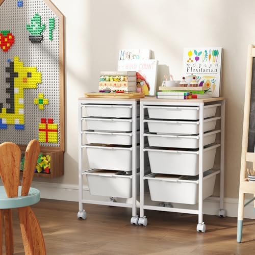 Giantex Rolling Storage Cart with 5 Drawers, Utility Cart w/Wooden Tabletop, Lockable Wheels, Multipurpose Organizer for Art Craft Books Paper, Drawer Carts for Dorm Classroom Office, White - Image 4