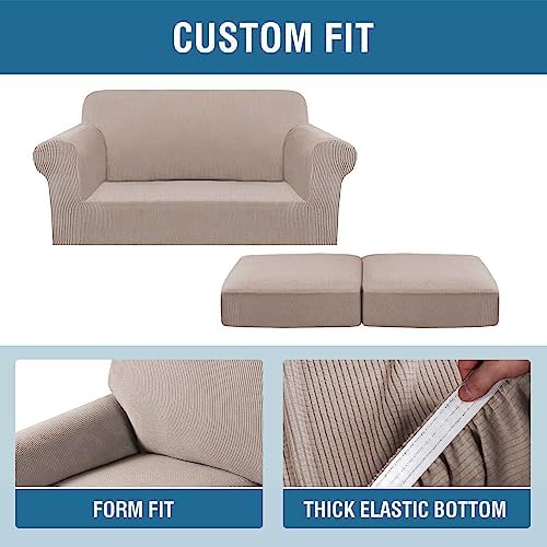 H.VERSAILTEX 3 Piece Stretch Sofa Covers for 2 Cushion Loveseat Couch Covers for Living Room Furniture Cover (Base Cover Plus 2 Seat Cushion Covers) Thicker Jacquard Fabric(Medium Sofa, Sand) - Image 6