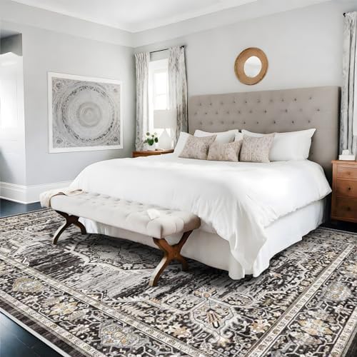 Washable Rugs 9x12 Area Rug：Large Rugs for Living Room - Oriential Distressed Printed Floral Carpet - Non Slip with Rubber Backing Area Rug 9'x12' Black - Image 3