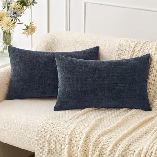 MIULEE Soft Chenille Lumbar Throw Pillow Covers Dark Navy 12x20 Pack of 2 by MIULEE