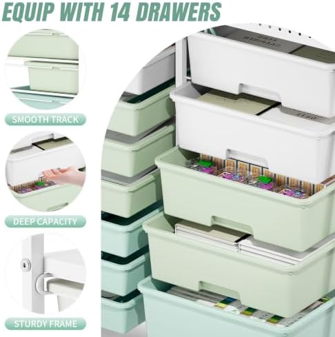 14 Drawer Rolling Storage Cart with Tabletop and Pegboard for Crafts Green - Image 4
