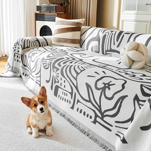 MYSKY HOME Couch Cover for Dogs, Washable Couch Covers, Sofa Covers for Sectional Sofa, Couch Cover 2 Cushion Sofa Dogs Furniture Protector, Chenille Sofa Covers for Pets, 71"x118", Abstract Dark Grey by MYSKYHOME