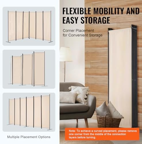 VEVOR Room Divider, 6 Panel Room Divider, Folding Privacy Screen and Portable Partition Divider for Room Separation, Freestanding Room Partitions for Office, Bedroom, Study, Beige - Image 5