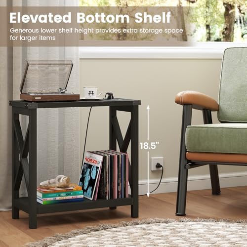Hadulcet Farmhouse Side Table with Charging Station - Narrow Bedside Table for Small Space, Slim End Table, Rustic X-Design Nightstand for Living Room, Bedroom, Classic Black - Image 6