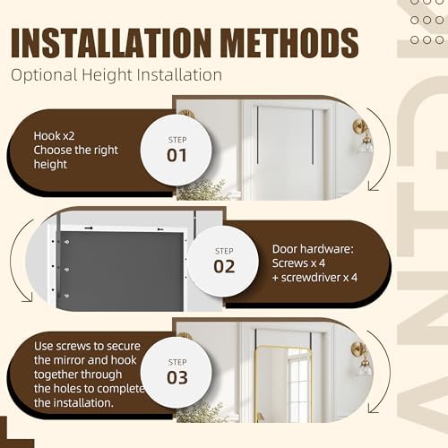 Antok Over The Door Mirror Full Length, 49'' x 14''Wall Mounted Hanging Mirror, Aluminum Alloy Frame, Shatterproof Glass, No Drill Installation for Bedroom, Closet, Bathroom, Dorm, Round Corner, White - Image 6