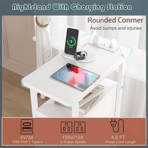 sthmec End Table with Charging Station,LED Side Tables with USB Ports and Outlets,Skinny Bedside Tables with 3 Drawers,Small Tabls Nightstands for Small Space,Slim Sofa Table for Livingroom, White - Image 4