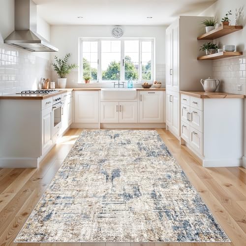 4x10 ft Extra Wide Hallway Rug – Non-Slip Washable Rubber-Backed Large Carpet Runner for Kitchen, Entryway | Modern Abstract, Low-Pile Thin Floor Mat for Bedroom Living Room Dining Room(Blue Brown) - Image 3