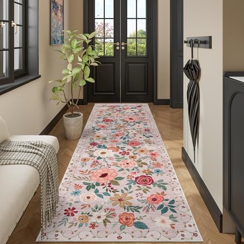 DUKINO 3x10 Runner Rug, Floral Washable Kitchen Runner Rug Non Slip, Beige by DUKINO