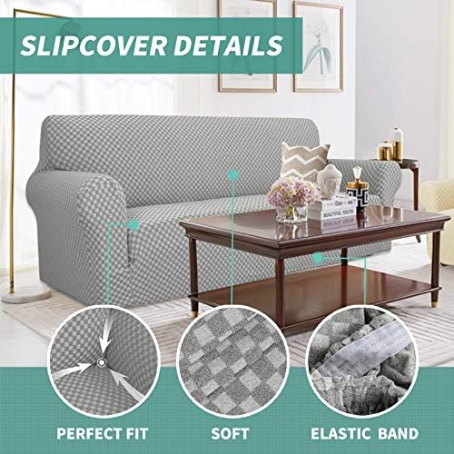 YEMYHOM Couch Cover Latest Jacquard Design High Stretch Sofa Covers for 3 Cushion Couch, Pet Dog Cat Proof Slipcover Non Slip Magic Elastic Furniture Protector (Large, Light Gray Checkered) - Image 3