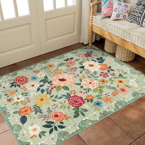 DUKINO 3x5 Area Rug, Floral Washable Rug for Bedroom Non Slip, Green - Image 4