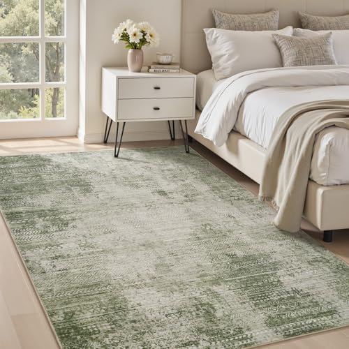 4x6 Area Rugs for Living Room Non Slip Machine Washable Rug Distressed Abstract Soft Indoor Carpet Neutral Boho Rug for Bedroom Dining Room Playroom Office, Green - Image 3