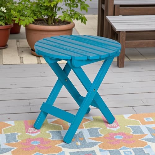 Shine Company Round Wooden Folding Solid Wood Side Table, Outdoor Adirondack Small Patio Table, Aqua - Image 2