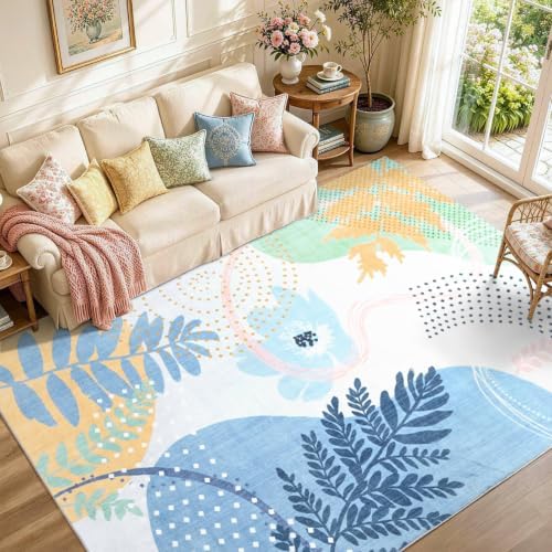 6x9 Ft Washable Area Rug for Living Room Cream Blue Modern Neutral Carpet by Lo%CC%80utiRootHome